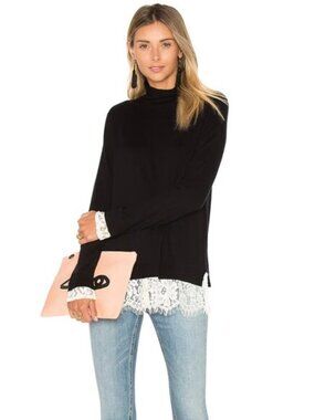 Joie Wool-Cashmere Mock Neck Sweater with Faux Lace Shirt Layer — XS